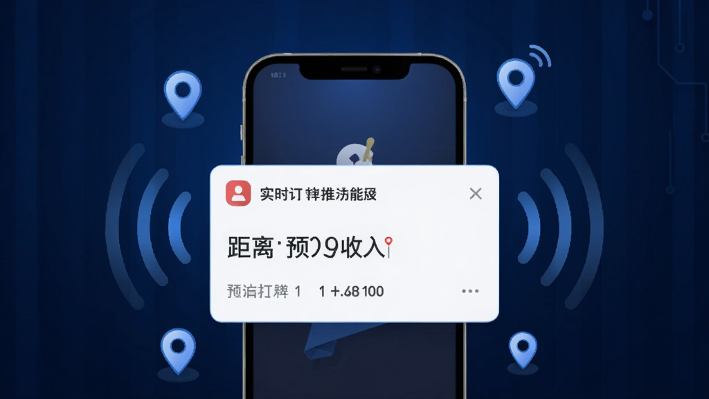 锁匠达商家版实时订单推送功能展示图,画面中央是一部手机,屏幕弹出新订单通知卡片,卡片上显示距离和预估收入,手机周围环绕着信号波纹和定位图标,背景为深蓝色科技感渐变,风格现代简约,画质清晰,干净,无多余元素