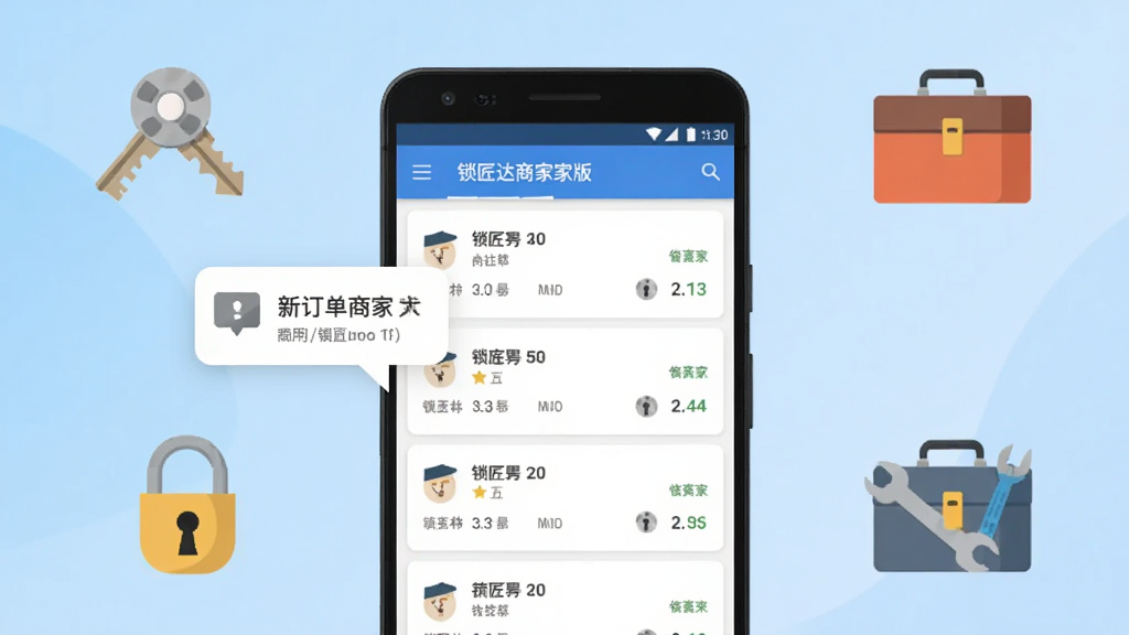 锁匠达商家版应用主界面展示图,画面中央是一部安卓手机,手机屏幕上显示锁匠达商家版的订单列表页面,左侧悬浮着新订单提醒气泡,背景为浅蓝色渐变,周围点缀钥匙、锁芯、工具箱等扁平化图标,整体风格简洁明快,画质清晰,干净,无多余元素
