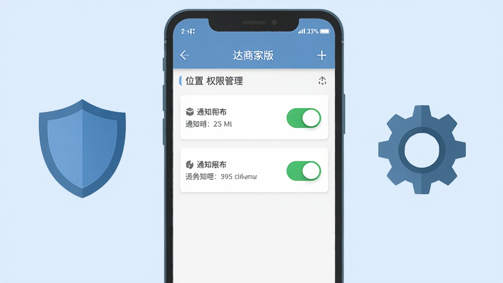 锁匠达商家版安卓手机权限设置示意图,画面中央是一部手机,屏幕显示权限管理页面,位置和通知权限开关为开启状态,旁边有盾牌和齿轮图标,背景为浅蓝色,风格扁平化,画质清晰,干净,无多余元素