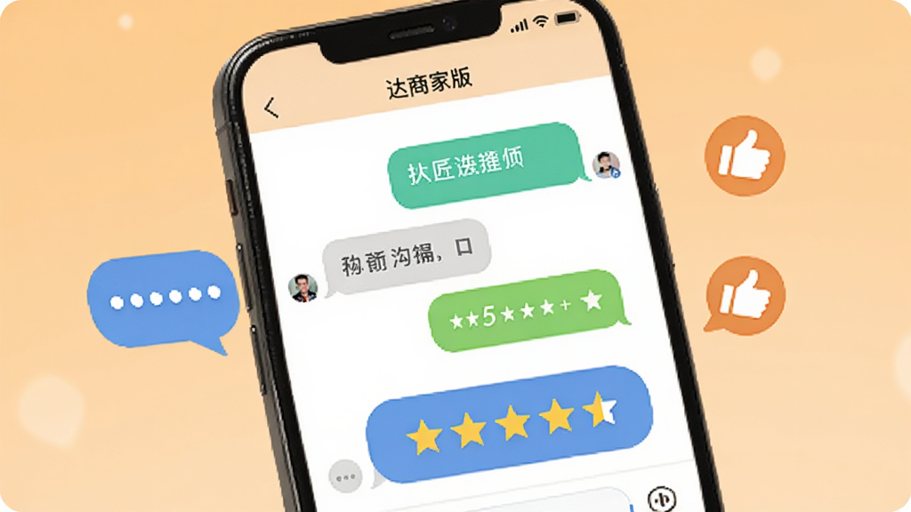 锁匠达商家版客户沟通与评价界面图,画面中央是一部手机,屏幕显示聊天对话框和五星评价组件,旁边有对话气泡和点赞图标,背景为浅橙色,风格温暖亲切,画质清晰,干净,无多余元素