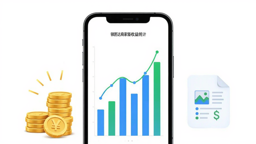 锁匠达商家版收益统计图表展示图,画面中央是一部手机,屏幕上显示柱状图和折线图,图表颜色为蓝色和绿色,手机旁边有金币和报表图标,背景为白色,风格清新简约,画质清晰,干净,无多余元素