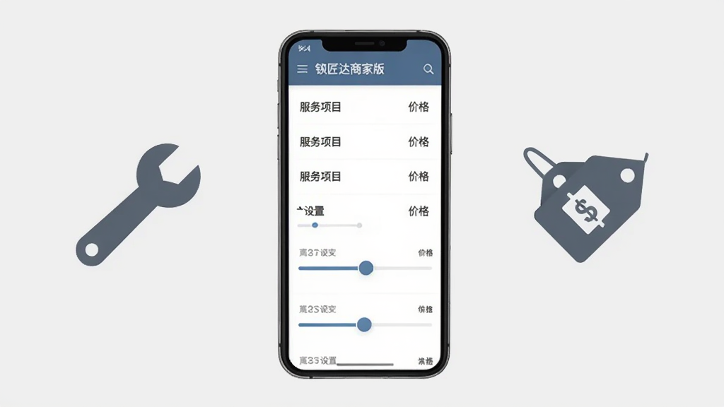 锁匠达商家版服务项目与报价管理界面图,画面中央是一部手机,屏幕上显示服务项目列表和价格设置滑块,旁边有扳手和价格标签的扁平化图标,背景为浅灰色,风格商务简洁,画质清晰,干净,无多余元素