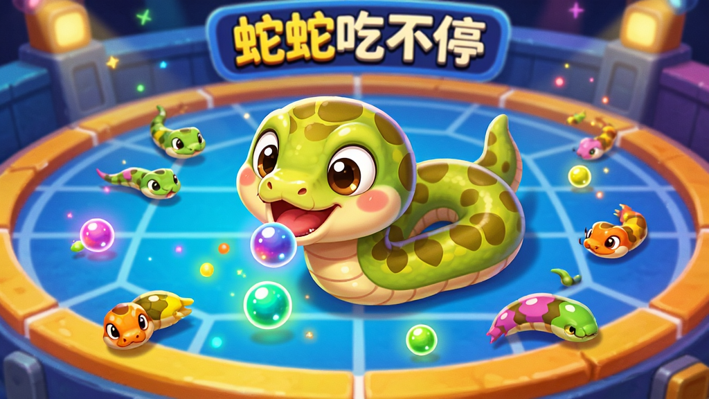 画面中央一条圆润可爱的卡通小蛇正在缤纷的竞技场中吞食发光的小圆点,周围散布着彩色光点和短小的蛇身残骸,背景是带有网格线的圆形竞技场,整体风格明快活泼,色彩饱和度高,细节清晰,画质干净,无多余元素,画面中带有“蛇蛇吃不停”字样