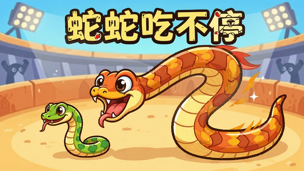 一条卡通小蛇正在吞食比自己小的蛇,身体明显变长,画面展示成长对比,背景是圆形竞技场,风格卡通明快,色彩鲜艳,细节清晰,画质干净,无多余元素,画面中带有“蛇蛇吃不停”字样