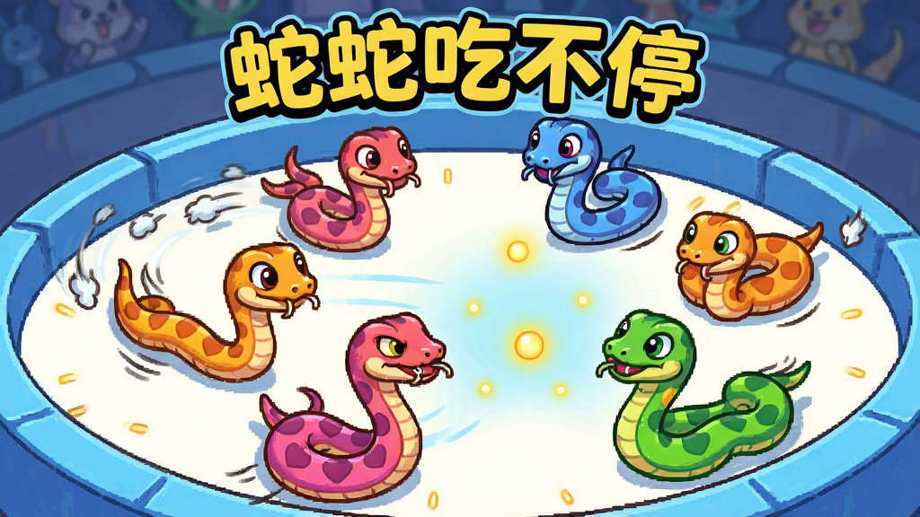 多条卡通小蛇在圆形竞技场中同场竞技,有的在追逐,有的在吞食光点,画面展示多人对抗的热闹场景,风格卡通明快,色彩鲜艳,细节清晰,画质干净,无多余元素,画面中带有“蛇蛇吃不停”字样