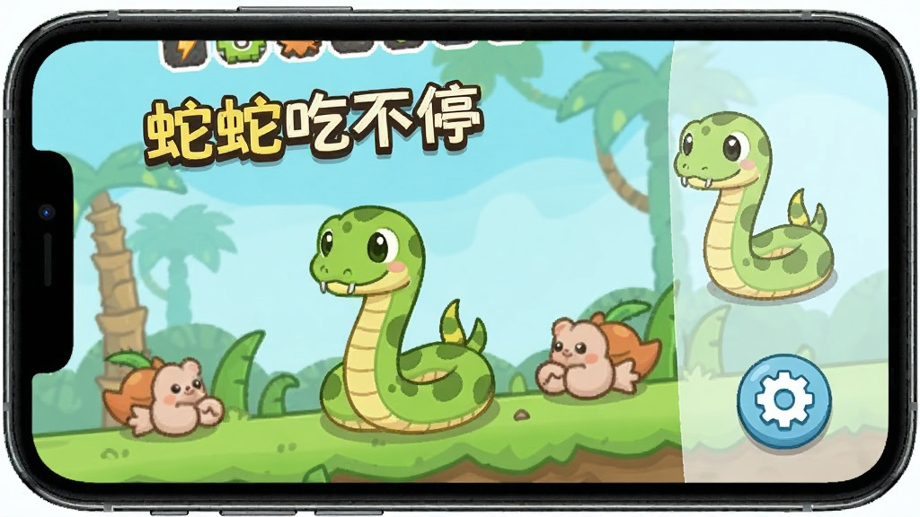 一部智能手机屏幕上显示蛇蛇吃不停的游戏画面,旁边有卡通小蛇和设置图标,画面风格简洁明快,色彩清新,细节清晰,画质干净,无多余元素,画面中带有“蛇蛇吃不停”字样