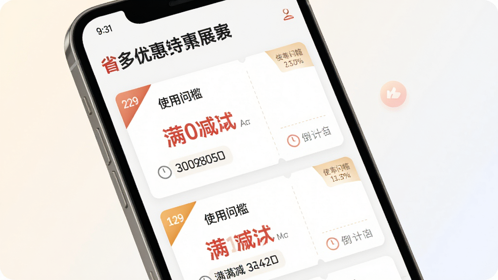 省多多特惠购优惠券聚合功能展示,画面中心为手机屏幕特写,屏幕内呈现优惠券列表,每张券以卡片形式排列,标注满减金额与使用门槛,背景为浅色渐变,风格清新简约,细节包含券角标、倒计时小字,画质清晰,干净,无多余元素