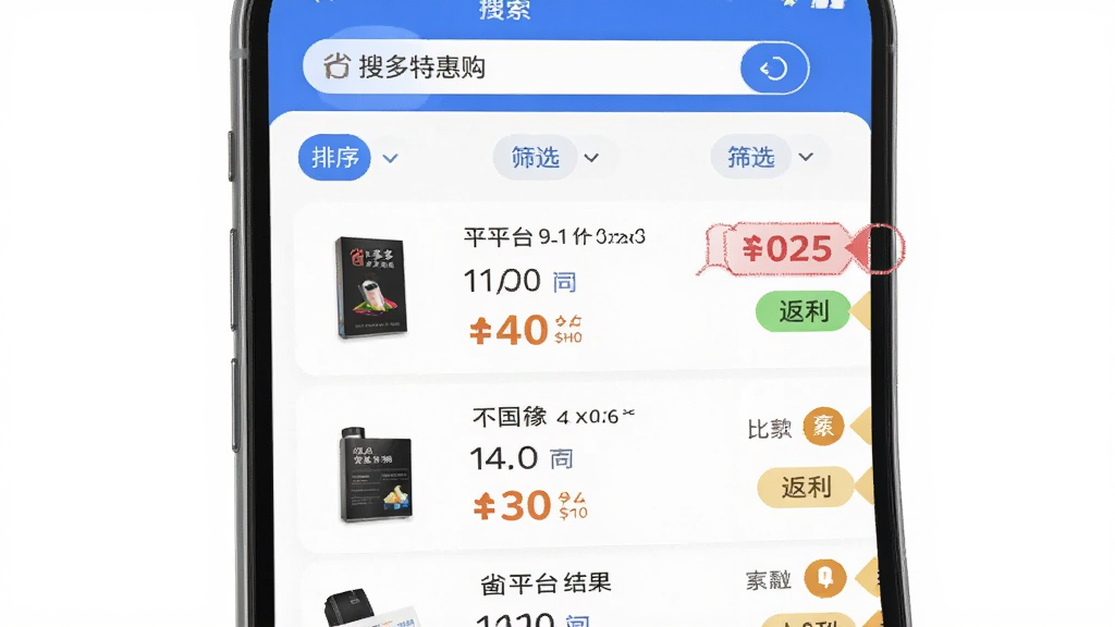 省多多特惠购搜索比价与返利界面,画面为手机屏幕内展示商品搜索结果的对比列表,左侧显示商品缩略图,右侧显示不同平台价格与返利标识,整体采用蓝白配色,风格商务简洁,细节包含排序按钮与筛选标签,画质清晰,干净,无多余元素