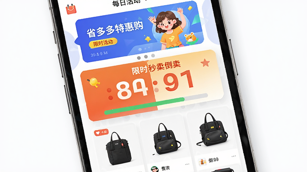 省多多特惠购每日精选与限时活动页面,画面为手机屏幕内呈现活动专题页,顶部有轮播横幅,中部为限时秒杀倒计时模块与商品网格,风格活泼明快,细节包含倒计时数字、库存进度条,画质高清,干净,无多余元素
