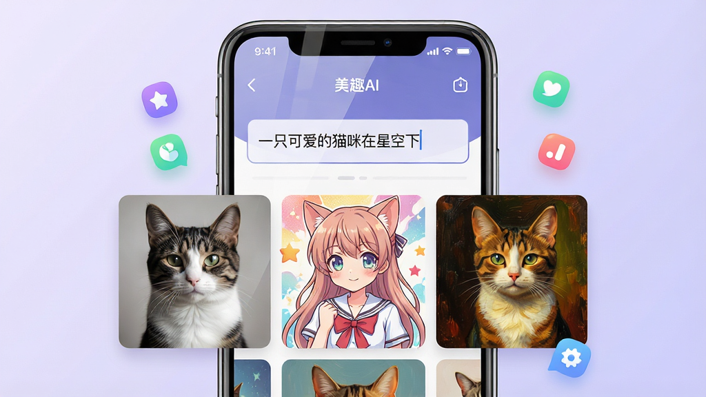 一张展示美趣AI软件界面的图片。主体是一个智能手机屏幕,屏幕上显示着美趣AI的APP界面,界面中央是一个输入框,里面写着“一只可爱的猫咪在星空下”,下方排列着几张由AI生成的风格各异的猫咪图片,包括写实风格、动漫风格和油画风格。布局采用居中构图,手机放置在画面正中央,背景是柔和的浅紫色渐变。风格为现代科技感UI展示图,细节上屏幕有轻微反光,周围有漂浮的彩色小图标代表不同功能。画质清晰,干净,无多余元素。