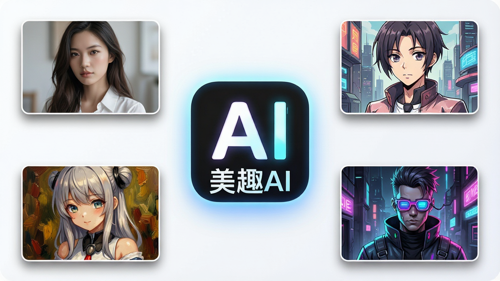 一张展示美趣AI文生图功能的图片。主体是美趣AI的软件图标和文字“美趣AI”悬浮在画面中央。布局上,图标周围环绕着四个由AI生成的不同风格图片缩略图,分别代表写实、动漫、油画和赛博朋克风格。排版采用环绕式构图,风格为科技感宣传图。细节上,图标带有发光效果,缩略图有轻微的阴影和边框。画质清晰,干净,无多余元素。