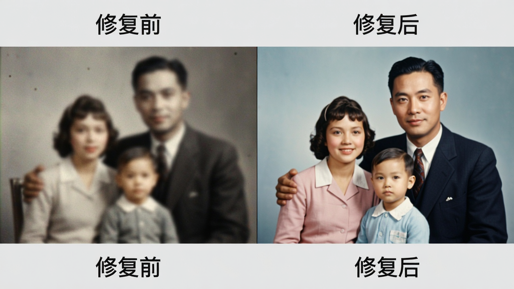 一张展示美趣AI高清修复功能的对比图。主体是左右分屏的对比画面,左侧是一张模糊、有噪点的老照片,右侧是经过美趣AI修复后变得清晰锐利的高清照片。布局采用左右对比排版,风格为功能演示图。细节上,左右两侧分别有“修复前”和“修复后”的文字标签,背景为浅灰色。画质清晰,干净,无多余元素。