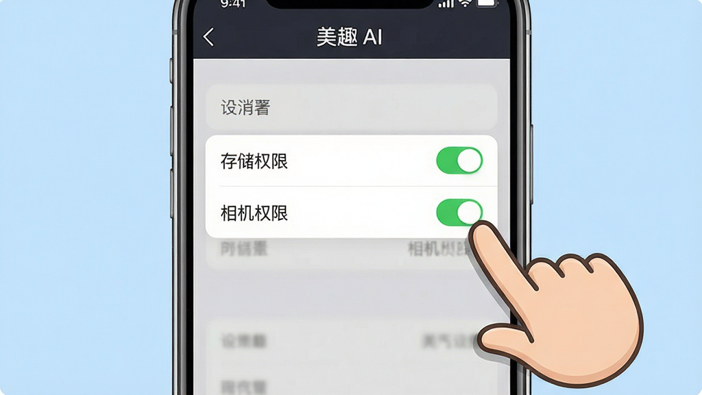 一张展示美趣AI使用技巧的图片。主体是一个手机屏幕,屏幕上显示着美趣AI的设置界面,其中“存储权限”和“相机权限”选项被高亮显示为绿色开启状态。布局采用居中构图,风格为操作指引图。细节上,屏幕旁边有一个卡通手指指向权限开关,背景为浅蓝色。画质清晰,干净,无多余元素。