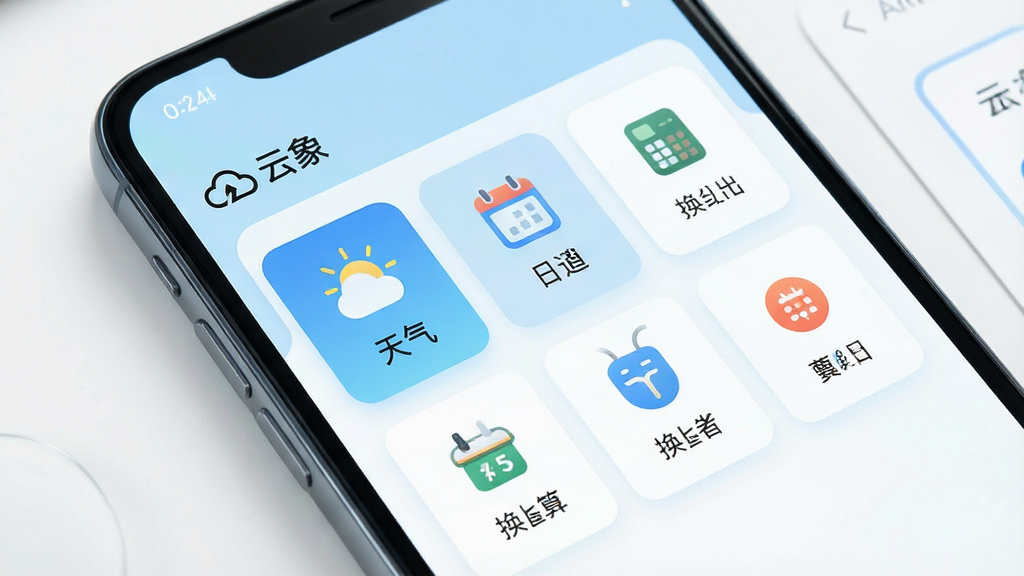 一张展示手机屏幕的图片,画面中“云象”应用的工具页面清晰可见,多个功能卡片整齐排列,包含天气、日历、换算等图标,整体风格清新明亮,配色以浅蓝和白色为主,布局疏朗,细节精致,画质高清,干净无多余元素,背景简洁,适合展示应用功能聚合特点