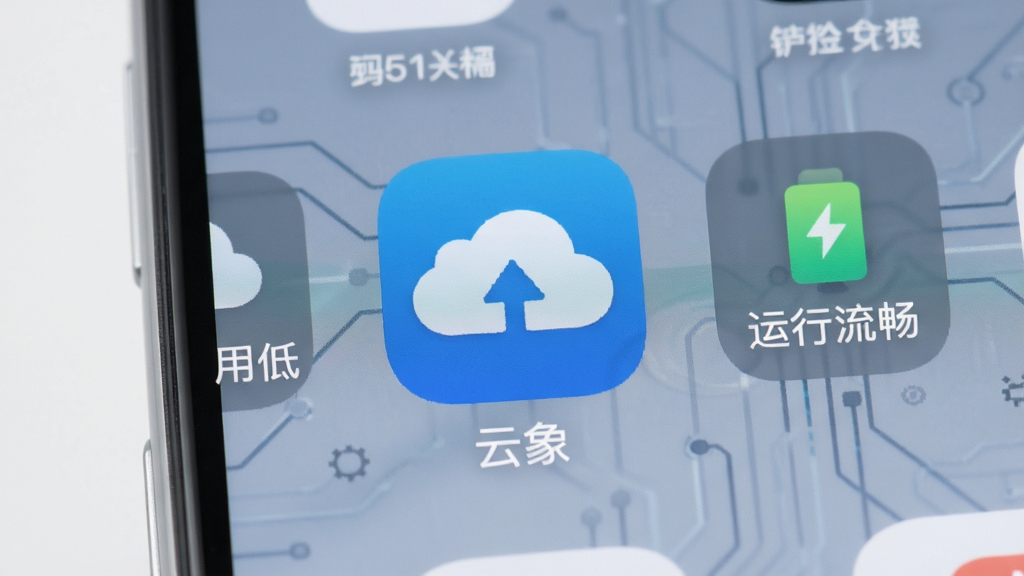 一张展示手机运行状态的图片,画面中“云象”应用图标位于手机桌面,旁边显示内存占用低、运行流畅的示意元素,整体风格科技感与简洁感结合,配色以蓝白灰为主,布局居中,细节上图标清晰、背景干净,画质高清,无多余元素,适合表现应用轻量化的特点