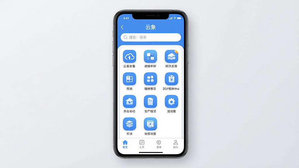 一张展示智能手机界面的图片,画面中央是“云象”应用的主页,页面布局清晰,顶部有搜索栏,中部为功能图标网格,底部为导航菜单,整体配色以蓝白为主,风格简洁现代,细节上图标圆润、文字清晰,画质高清,干净无多余元素,背景为浅灰色,光线柔和,适合作为软件介绍配图