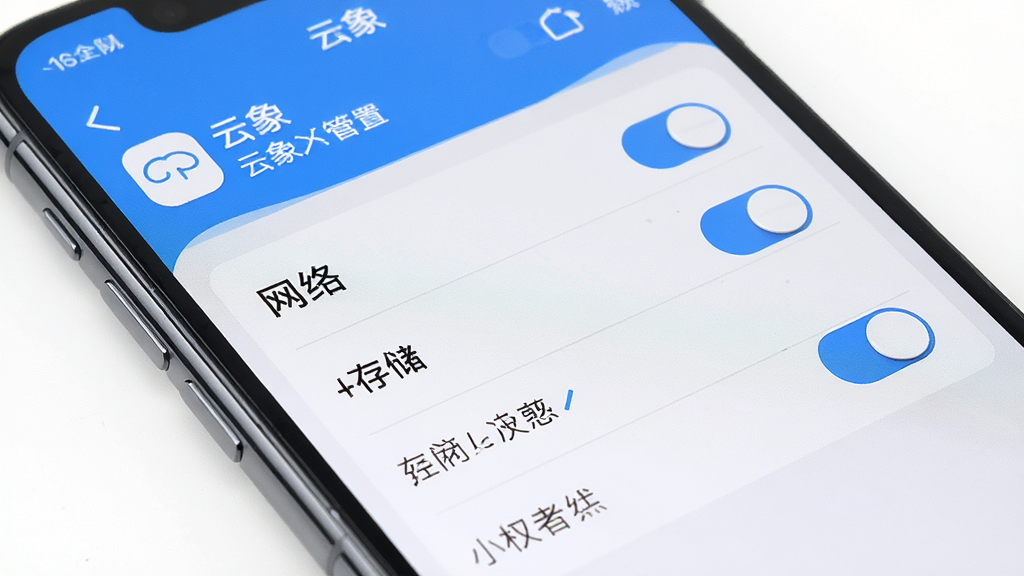 一张展示手机安全设置界面的图片,画面中“云象”应用权限管理页面清晰可见,包含网络、存储等权限开关,整体风格简洁,配色以白灰蓝为主,布局规整,细节上开关按钮清晰、文字可读,画质高清,干净无多余元素,适合作为安装权限说明配图