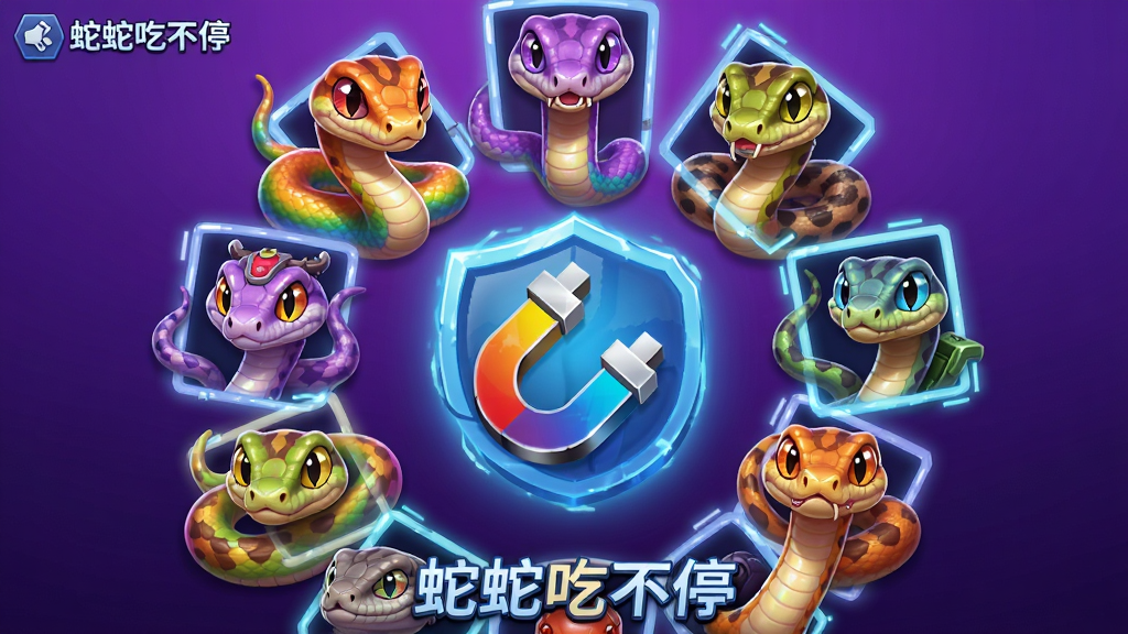 多条不同颜色和皮肤的小蛇围绕各种道具,主体为彩虹色小蛇与加速磁铁护盾图标,布局为环形排列,排版为放射状构图,风格为游戏道具展示界面,细节包括每只蛇表情各异、道具带发光边框、背景为渐变紫色,画质高清干净无多余元素,画面中带文字“蛇蛇吃不停”