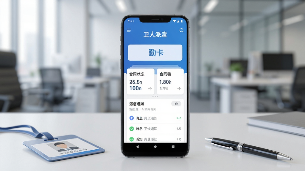 整体画面以一部竖屏安卓手机为视觉主体,屏幕中显示“卫人派遣”应用首页界面,界面包含考勤打卡按钮、合同状态卡片与消息通知列表,手机置于一张浅色办公桌面上,旁边摆放工牌与一支签字笔,背景为虚化的现代办公环境,整体采用简洁明亮的商务写实风格,色彩以蓝白灰为主,画面干净整洁,构图居中,高清画质,无多余元素