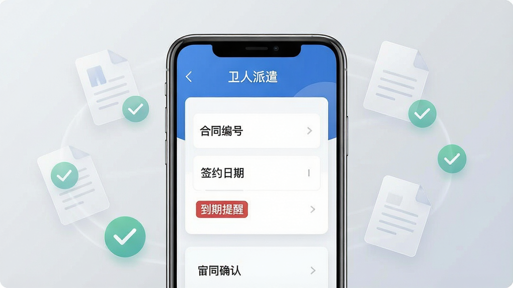 一张以“卫人派遣”合同管理页面为核心的手机界面展示图,手机屏幕中清晰呈现合同编号、签约日期与到期提醒标签,界面采用卡片式布局,蓝色主色调,背景为浅灰渐变,手机周围环绕着几个半透明的文档图标与对勾符号,象征合同归档与状态确认,风格简洁现代,商务感强,画质清晰干净,无杂乱元素