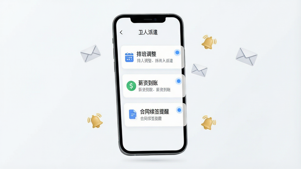 一张展示“卫人派遣”消息通知中心的手机界面图,屏幕中可见多条通知卡片,分别标注“排班调整”“薪资到账”“合同续签提醒”等标题,每条通知左侧配有对应小图标,界面采用浅色背景与蓝色高亮圆点,手机整体悬浮于画面中央,周围有微小的信封与铃铛图标点缀,风格清爽干净,排版规整,高清画质,无多余装饰
