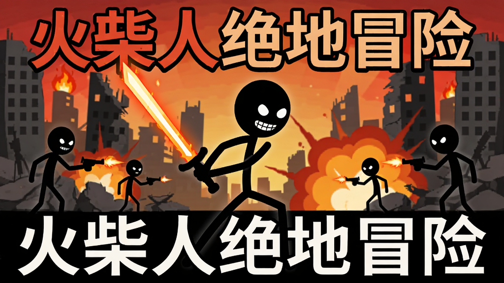一款以火柴人为主角的动作射击手机游戏画面,画面中央是一个黑色线条绘制的火柴人战士,手持一把发光长剑,摆出战斗姿态,背景是废墟城市与爆炸火光,周围有多个敌方火柴人身影,整体风格为极简卡通剪影风,色彩以黑、红、橙为主,画面干净利落,无多余元素,高清画质,游戏宣传图风格,画面中带有文字