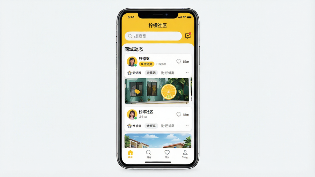 一张手机屏幕展示“柠檬社区”APP首页界面,顶部为搜索栏和消息图标,中部为同城动态卡片流,底部为导航栏,主体为手机正视图居中摆放,布局简洁清晰,排版上下分区明确,风格为现代扁平化UI设计,细节包含头像、点赞按钮、话题标签、附近距离标识,画质高清,画面干净,无多余元素