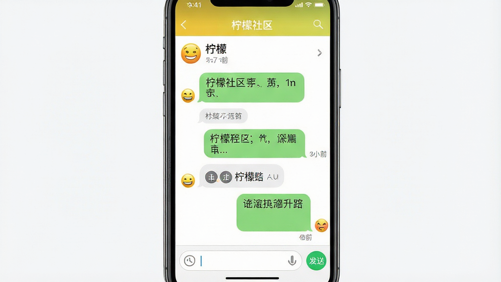 一张手机界面展示“柠檬社区”聊天对话窗口,主体为手机屏幕居中,布局为顶部联系人名称加中部气泡消息流加底部输入框,排版上下分明,风格为极简聊天界面设计,细节包含文字气泡、时间戳、表情按钮、发送按钮,画质高清,画面干净,无多余元素