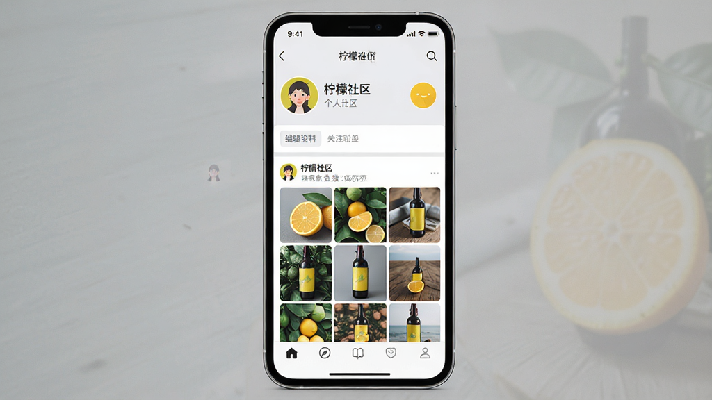 一张手机界面展示“柠檬社区”个人主页,主体为手机屏幕居中,布局为顶部头像与昵称区域加中部动态网格加底部标签栏,排版清晰,风格为素雅浅灰社交个人页,细节包含编辑资料按钮、关注粉丝数、动态缩略图,画质高清,画面干净,无多余元素