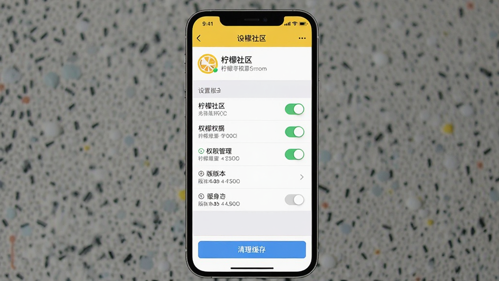 一张手机屏幕展示“柠檬社区”设置页面,主体为手机界面居中,布局为顶部账号信息加中部权限管理列表加底部清理缓存按钮,排版纵向排列,风格为清爽工具类设置界面,细节包含开关按钮、箭头图标、版本号文字,画质高清,画面干净,无多余元素