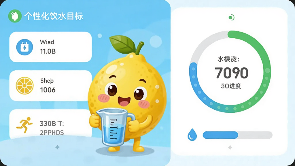柠檬喝水APP的个性化饮水目标设置页面,画面主体是一个卡通柠檬拿着量杯,布局为左右分栏左侧显示数据输入框右侧显示目标进度环,风格为清新卡通风,细节包括体重图标、运动图标、水滴进度条,画质清晰干净,无多余元素