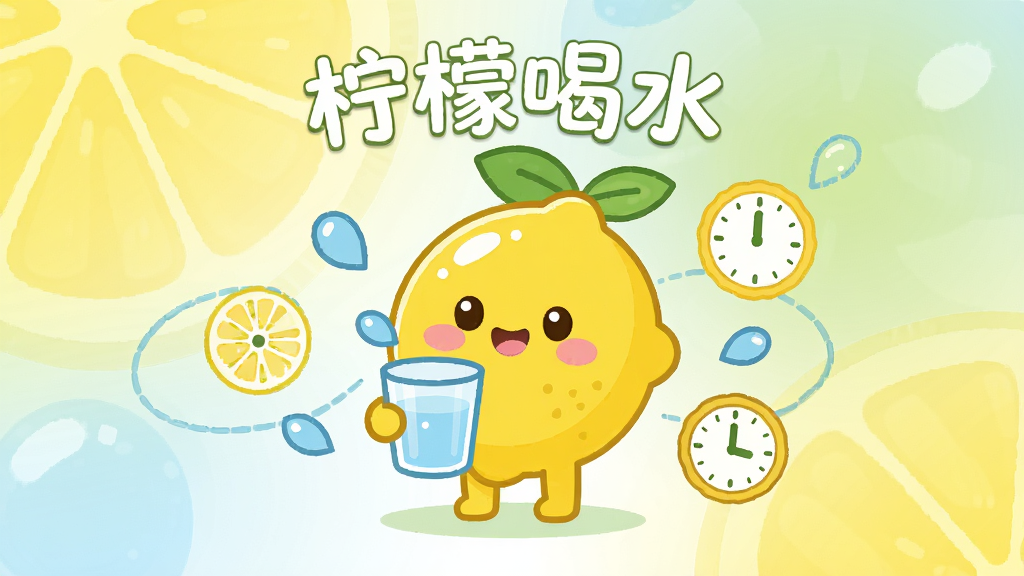 一只可爱的卡通柠檬角色站在画面中央,手持一杯水,周围环绕着水滴和时钟图标,布局采用居中对齐排版,风格为清新扁平化插画,细节包括柔和的渐变背景、圆润的线条、明亮的黄色与绿色配色,画面中打上“柠檬喝水”文字,画质清晰干净,无多余元素