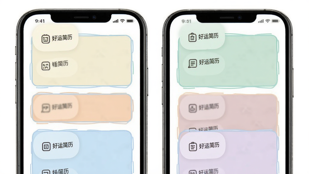 多份不同颜色的简历模板在手机屏幕上以卡片形式排列,每张卡片上有