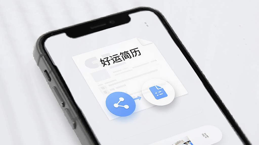 手机界面显示一份简历文档正在导出,屏幕上出现分享图标和文件图标,文档上方标注