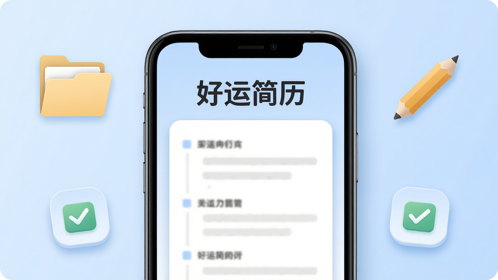 手机屏幕中央展示一份排版整洁的简历文档,文档上方有