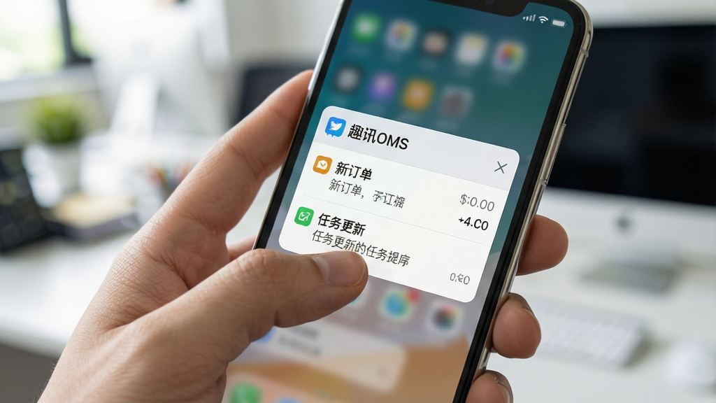 一张以消息提醒为主题的生活化图片,主体为一只手拿着手机,手机屏幕显示“趣讯OMS”消息通知弹窗,弹窗中包含新订单和任务更新提示。布局采用特写构图,背景为模糊的办公室环境。风格真实自然,色彩明亮,细节包括手指动作自然、屏幕显示清晰。画质高清,干净整洁,无多余元素。