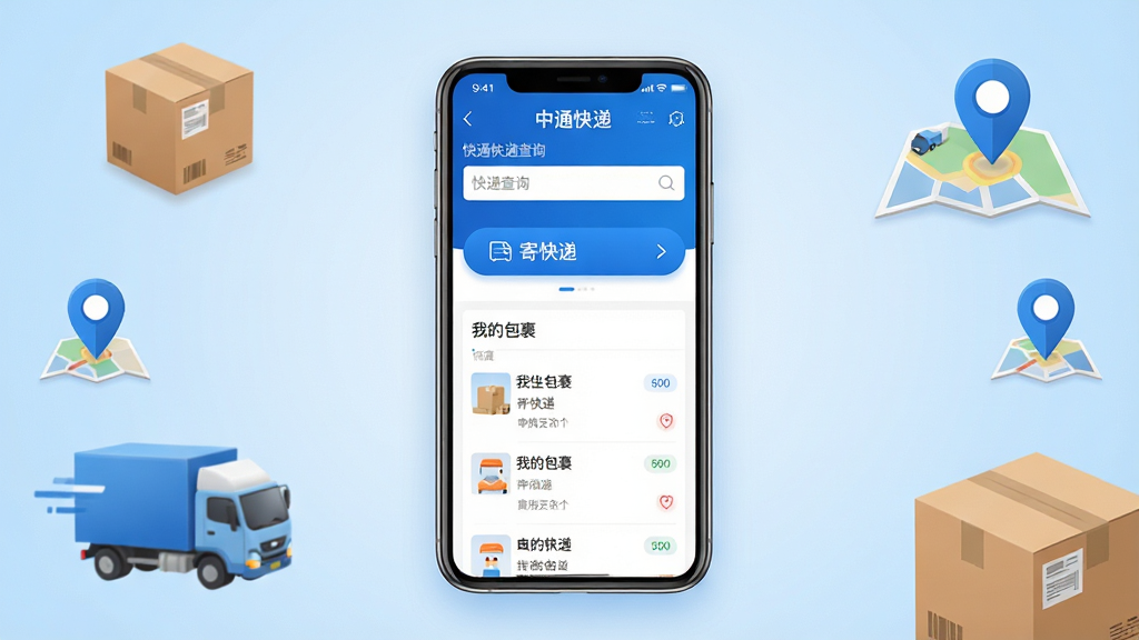 中通快递App主界面全景展示,画面中央放置一部智能手机,屏幕内显示中通快递应用首页,包含快递查询输入框、寄快递按钮、我的包裹列表等核心功能区,背景为浅蓝色渐变,周围点缀快递纸箱、物流货车、地图定位图标等元素,整体风格简洁现代,布局清晰,色彩以蓝白为主,细节丰富,画质高清,干净无多余元素