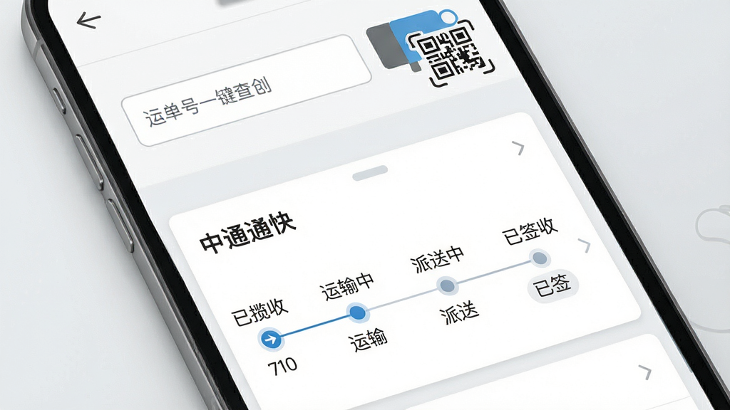 中通快递一键查快递功能展示图,画面主体为手机屏幕特写,屏幕中显示运单号输入框和扫码图标,下方展示一条完整的物流轨迹时间轴,包含已揽收、运输中、派送中、已签收等节点,背景为白色与浅灰色搭配,风格清爽简约,细节精致,画质高清,干净无多余元素
