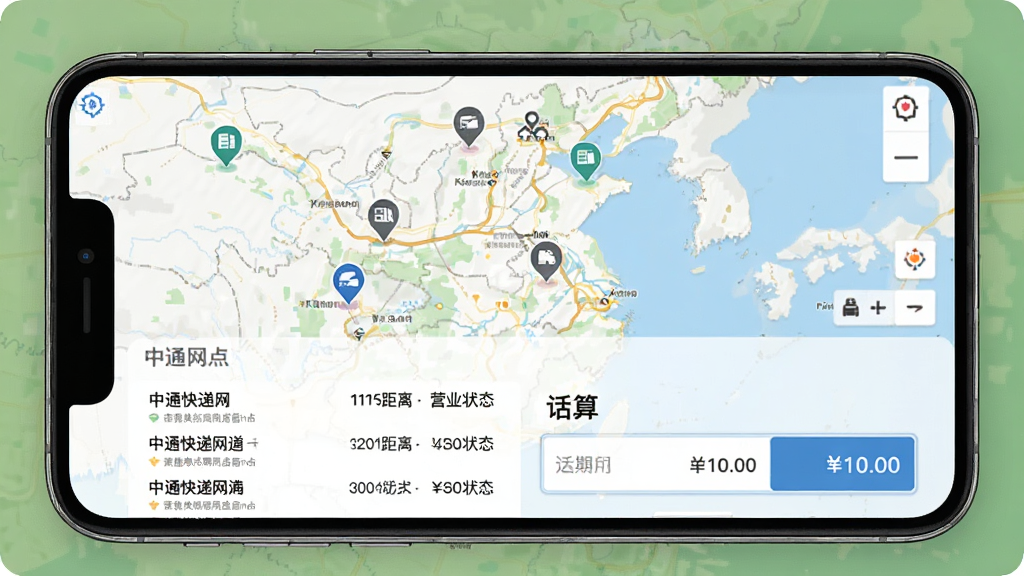 中通快递网点查询与运费估算界面,画面展示手机屏幕内嵌地图,地图上标注多个快递网点图标,下方列表展示网点名称、距离和营业状态,旁边配有运费估算输入框和价格结果,背景为浅色地图风格,布局整齐,细节清晰,画质高清,干净无多余元素