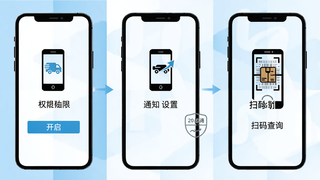 中通快递App操作引导示意图,画面展示手机屏幕依次呈现权限开启、通知设置、扫码查询三个步骤,每个步骤配有简洁图标和说明文字,背景为浅蓝色与白色交替,风格扁平化,布局从左到右递进,细节清晰,画质高清,干净无多余元素
