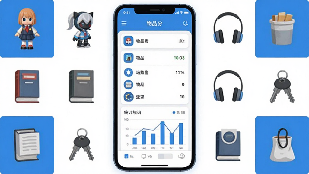 我的物品软件主界面展示,画面中央是一部智能手机,屏幕内呈现物品分类列表与统计图表,周围环绕手办、书籍、耳机、钥匙等日常物品图标,采用扁平化插画风格,蓝白清新配色,布局简洁对称,细节清晰,画质干净,无多余元素