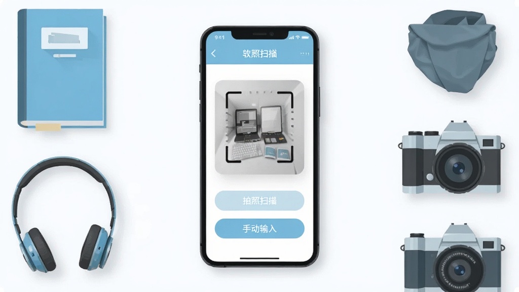 我的物品软件录入界面,手机屏幕显示拍照扫描与手动输入选项,画面中有书籍、耳机、相机等物品围绕手机排列,扁平化风格,浅蓝色与白色主色调,布局居中,细节丰富,画质清晰,干净整洁,无多余元素