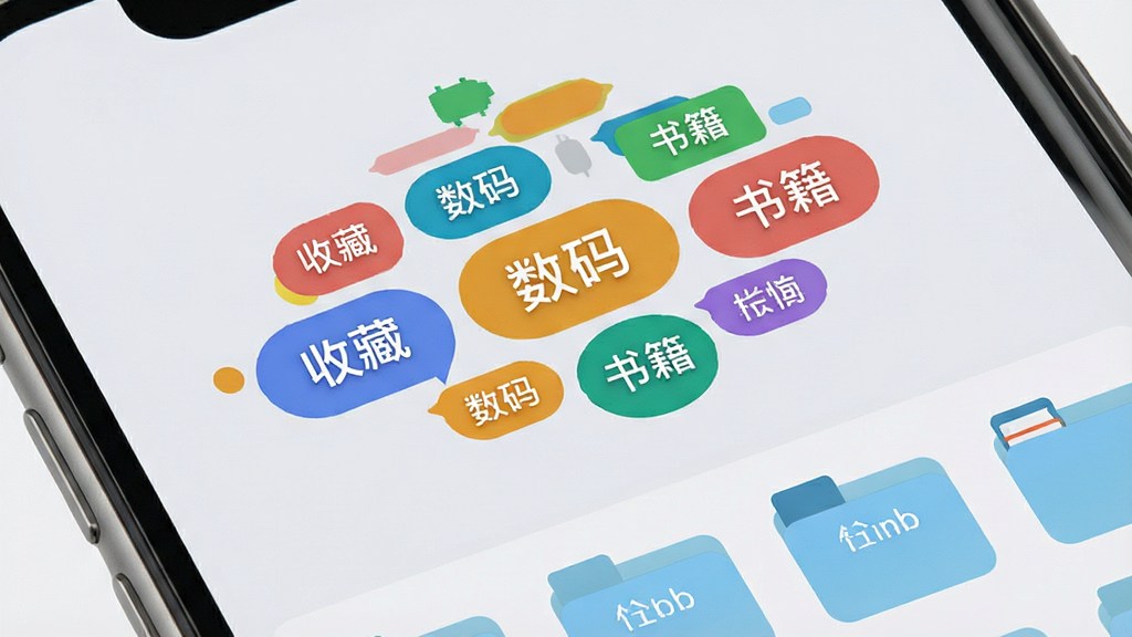 我的物品软件分类标签界面,手机屏幕展示彩色标签云与分类文件夹,标签包括“收藏”“数码”“书籍”等字样,背景为浅灰色,风格简约现代,布局错落有致,细节清晰,画质干净,无多余元素