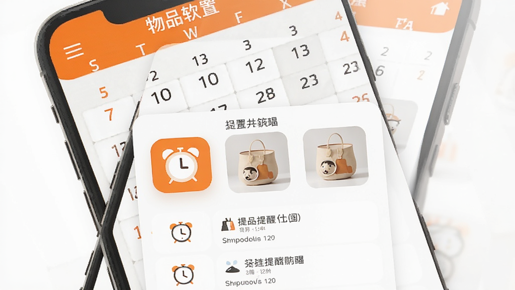 我的物品软件提醒设置界面,手机屏幕显示日历与提醒列表,闹钟图标与物品缩略图并列,扁平化设计,橙色与白色搭配,布局清晰,细节精致,画质干净,无多余元素