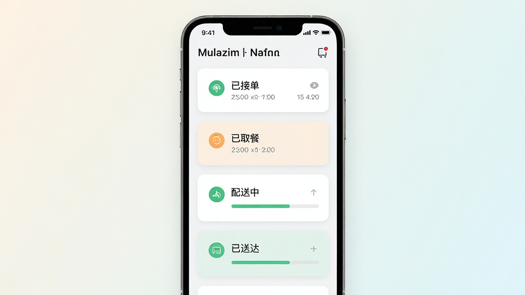 一张展示Mulazim骑手配送状态管理功能的界面图,画面主体是手机屏幕中的配送状态管理页面,包含已接单、已取餐、配送中、已送达等状态按钮,背景是简洁的浅色渐变,布局采用卡片式排列,风格为现代简约,细节包括状态图标、时间戳、进度条等,画质高清,画面干净,无多余元素