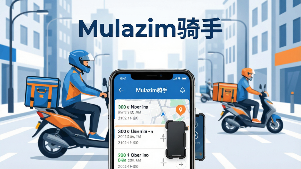 一张展示Mulazim骑手软件核心全貌的宣传图,画面上方居中放置软件名称Mulazim骑手,背景是城市街道与外卖骑手骑行送餐的场景,前景展示手机屏幕中接单界面的布局,包含订单列表、地图导航、配送状态按钮等元素,整体采用蓝白橙配色,风格简洁现代,排版清晰,细节包括骑手头盔、保温箱、手机支架等,画质高清,画面干净,无多余元素