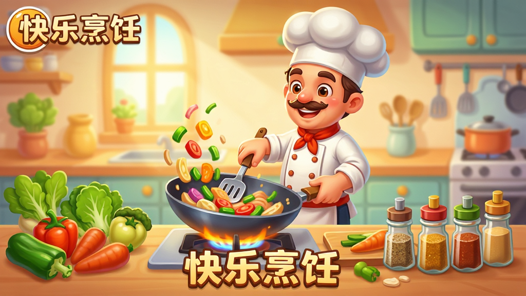 一款以美食烹饪为主题的手机游戏界面,画面中央是一位卡通风格的主厨正在翻炒锅中食材,周围摆放着新鲜蔬菜和调味瓶,背景是温馨明亮的餐厅厨房,整体采用鲜艳明快的色彩风格,布局为竖版手机屏幕截图样式,排版简洁清晰,画质干净细腻,无多余元素,画面中带有