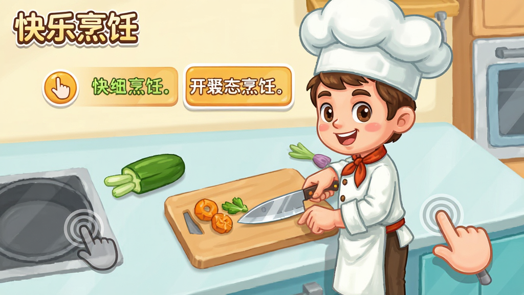 快乐烹饪游戏新手教程界面,画面中一位卡通厨师正在演示切菜操作,屏幕上有手指点击引导图标和文字提示框,背景为简洁的厨房操作台,布局为竖版手机屏幕,风格清新明快,细节清晰,画质干净无多余元素,画面中带有