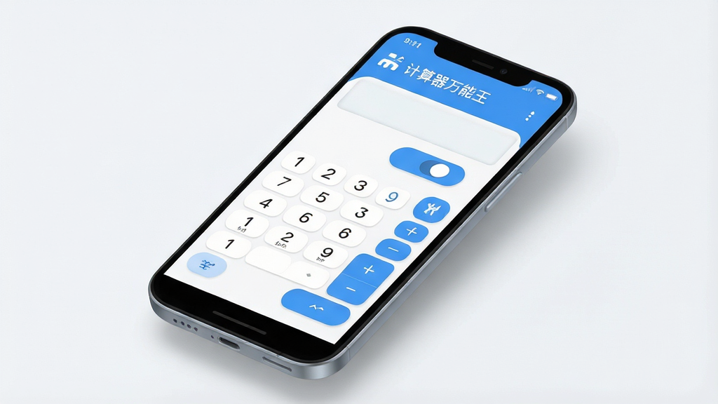 一张展示计算器万能王手机应用主界面的预览图,主体为一部安卓手机,屏幕中央显示名为“计算器万能王”的应用界面,界面包含基础数字键盘、科学计算切换按钮和多种工具图标;布局采用居中构图,手机略微倾斜展现立体感;排版清晰,屏幕内容占据画面核心;风格为干净简约的科技风,浅色背景,柔和阴影;细节上屏幕内文字清晰可辨,按钮圆润,色彩以蓝白为主;画质为高清渲染,干净整洁,无多余元素
