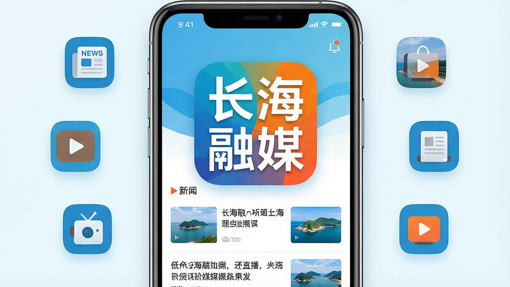 一幅展现长海融媒移动应用核心界面的概念图。主体是一部现代智能手机,屏幕中央醒目地展示着“长海融媒”四个大字的彩色APP图标,图标下方是清晰的新闻资讯瀑布流界面。布局采用居中对称构图,手机两侧漂浮着代表新闻、视频、政务、直播的简约扁平化图标。整体风格为清新明快的科技风,主色调为海洋蓝与活力橙,细节上屏幕内呈现长海海岛风光的缩略图。画质高清,画面干净,无多余元素。